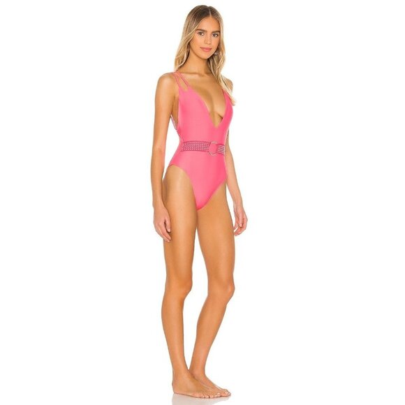 NWT ELLEJAY Coco One Piece Swimsuit Deep V-Neck with Metallic Ring‎ Belt Pink M - Picture 4 of 6